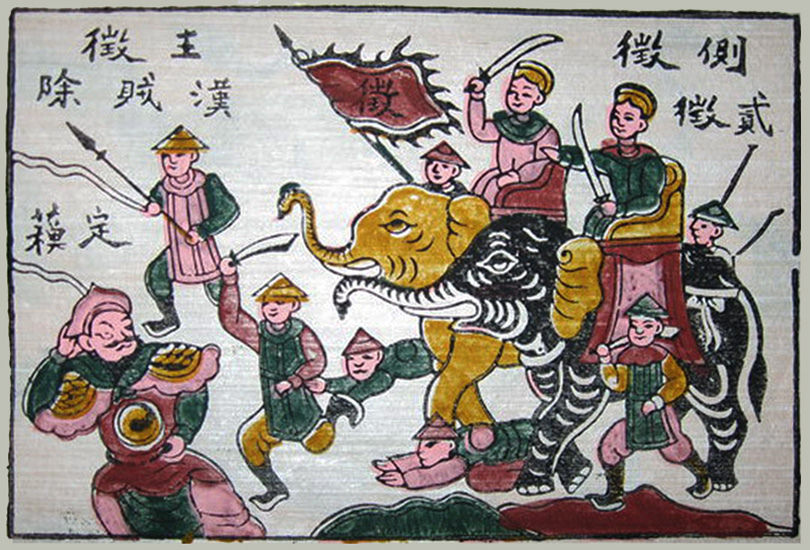 Hình 3. Hai Bà Trưng cưỡi voi ra trận (tranh dân gian Đông Hồ)