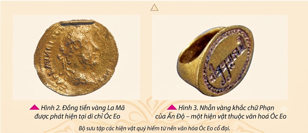 Hình 2 (Đồng tiền vàng La Mã) và Hình 3 (Nhẫn vàng khắc chữ Phạn) 