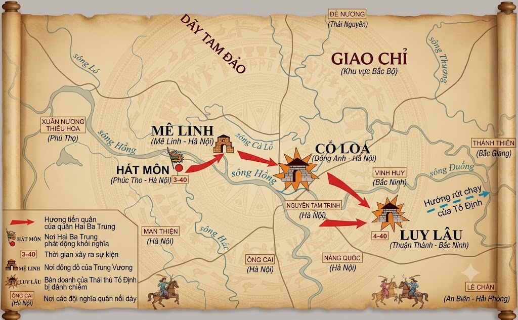 Hình 2. Lược đồ khởi nghĩa Hai Bà Trưng (năm 40)