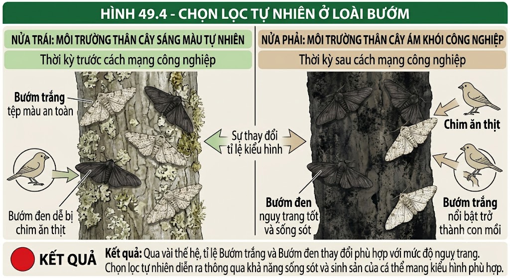 Hình 49.4 - Chọn lọc tự nhiên ở loài bướm