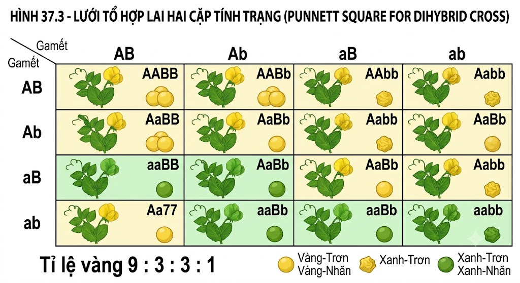 Hình 37.3 - Lưới tổ hợp lai hai cặp tính trạng