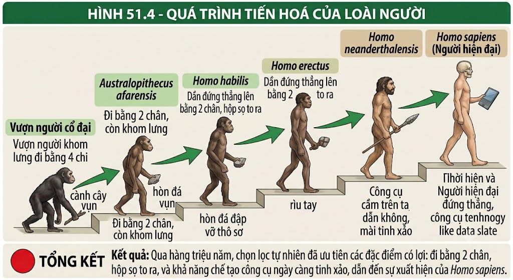 Hình 51.4 - Quá trình tiến hoá của loài người