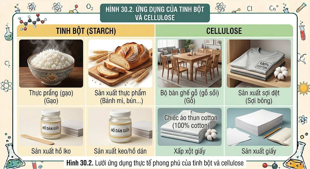 Hình 30.2 - Ứng dụng của tinh bột và cellulose